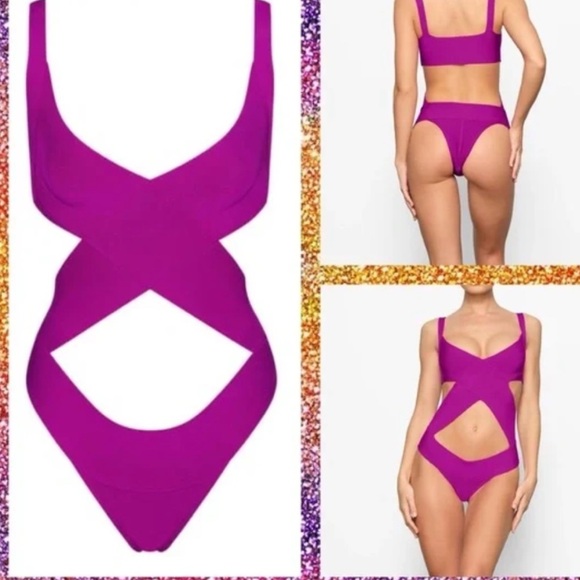 SKIMS Knit Bandage Monokini Swimsuit/Bodysuit Fuchsia Pink/Lollipop - Picture 2 of 4